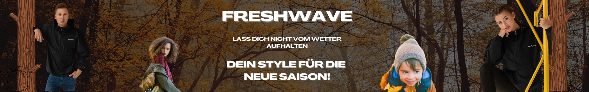 Banner von FreshWave zur Herbstkollektion: 'FreshWave' oben mittig, darunter der Text 'Dein Style für die neue Season', mit Bildern von Herbstmode auf der linken und rechten Seite. Das Banner kündigt die neuen Herbsttrends und die aktuelle Modekollektion an